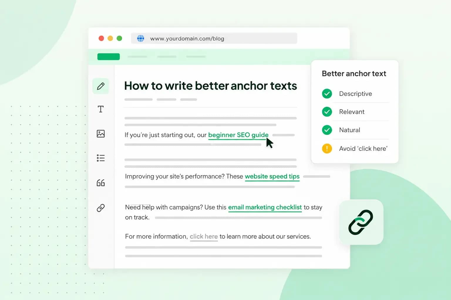 Illustration of a blog editor showing descriptive anchor text links highlighted in green, next to a checklist for writing anchor text that is descriptive, relevant, natural, and avoids phrases like 'click here.'