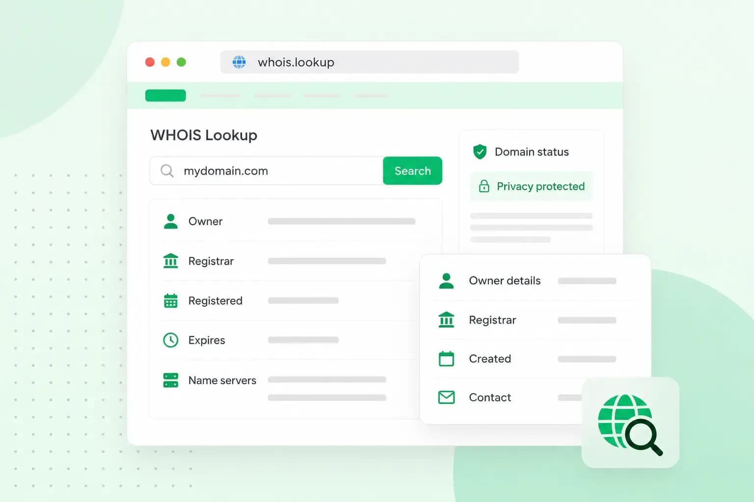 Illustration of a WHOIS lookup showing a domain search with owner, registrar, registration and expiry dates, name servers, and a privacy-protected status badge.