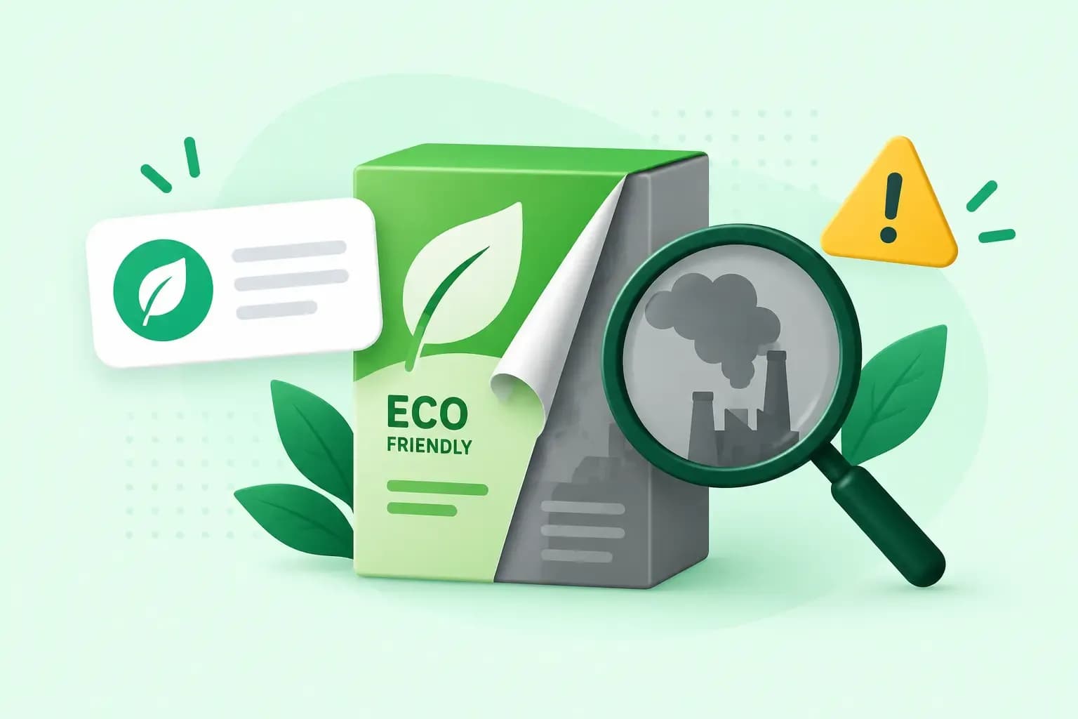 Illustration of greenwashing showing eco-friendly packaging peeling back to reveal a polluting factory, examined with a magnifying glass.
