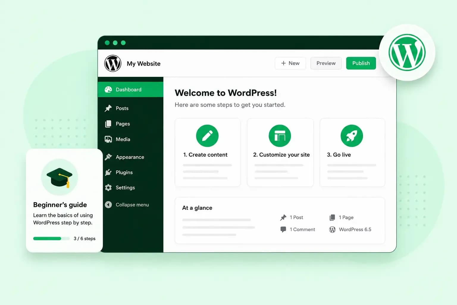 Illustration of a WordPress dashboard with beginner setup steps for creating content, customising a site, and publishing it.
