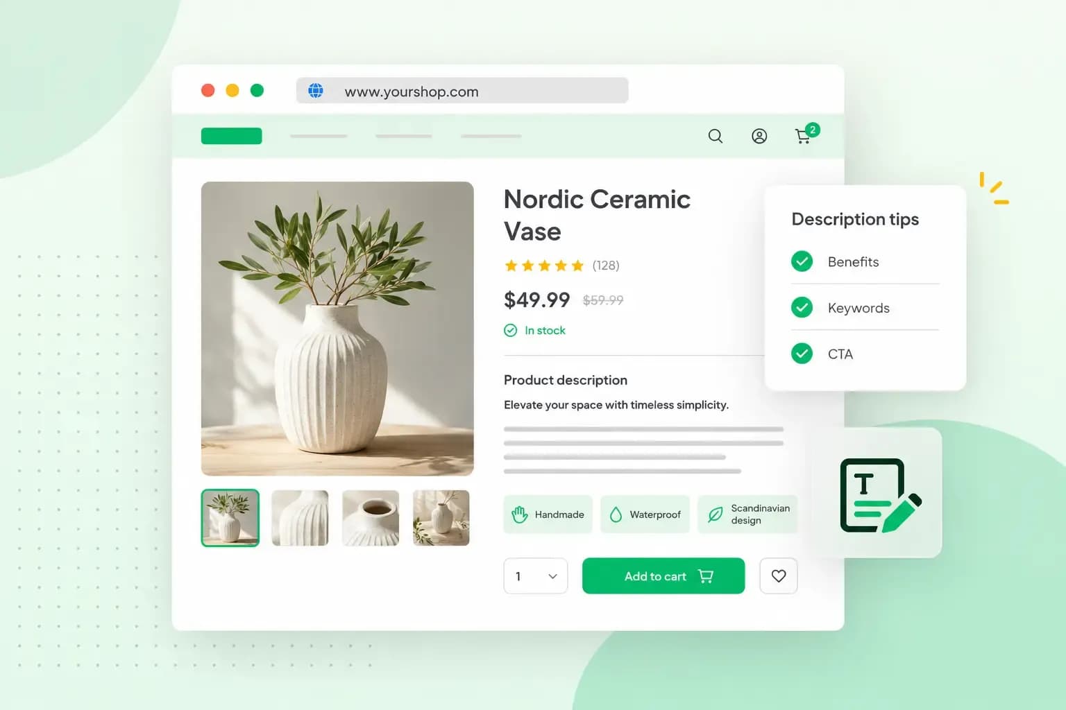 Online shop product page featuring a Nordic ceramic vase, product details, and a checklist of tips for writing effective product descriptions.